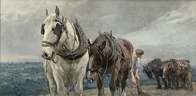 Lot 131 - Lucy Kemp-Welch print - heavy horses, 32cm x 64cm in glazed frame