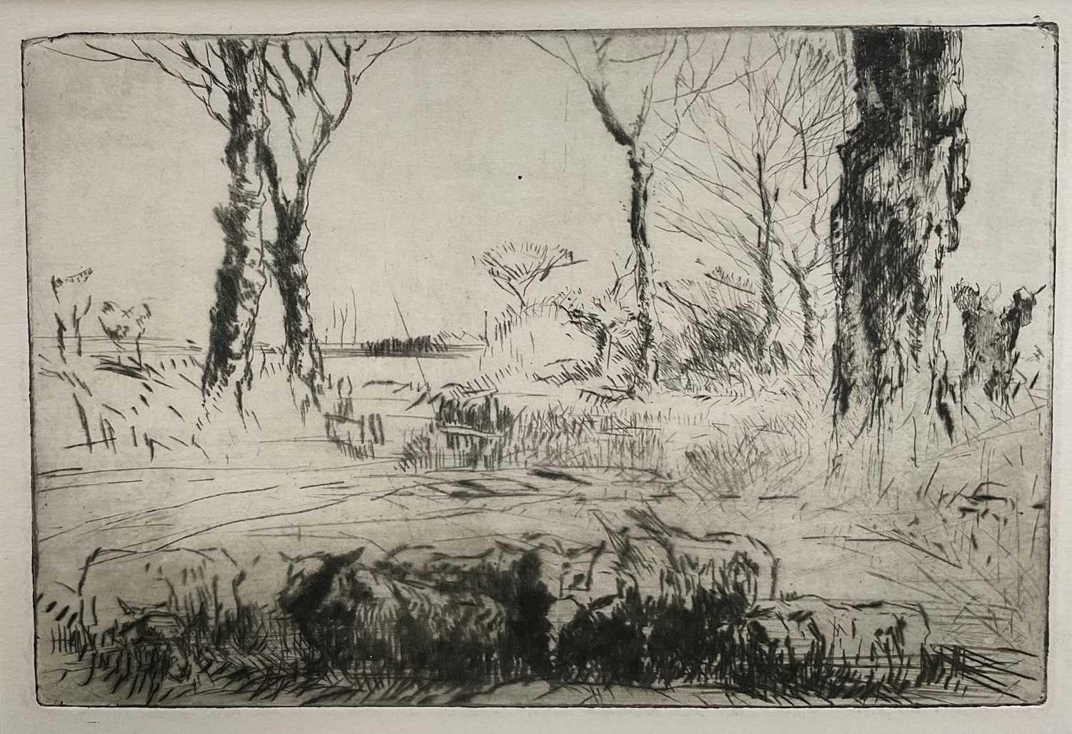 Lot 1155 - Harry Becker (1865-1928) etching - Sheep in Landscape, 18cm x 27cm, in glazed frame