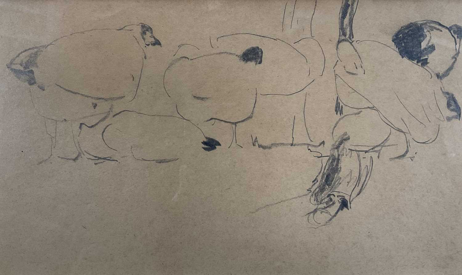 Lot 1154 - Harry Becker (1865-1928) pencil sketch - Chickens, 13cm x 21cm, in glazed frame.