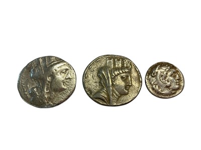 Lot 402 - Ancient - Greek mixed silver coins to include silver Tetradrachm Seleukia Obv: Veiled & turreted bust of Tyche before 47BC, Rev: Zeus enthroned left, holding Nike & sceptre GVF, silver D...