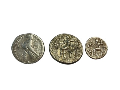 Lot 402 - Ancient - Greek mixed silver coins to include silver Tetradrachm Seleukia Obv: Veiled & turreted bust of Tyche before 47BC, Rev: Zeus enthroned left, holding Nike & sceptre GVF, silver D...