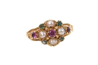 Lot 559 - Early Victorian ruby, emerald and pearl cluster ring in gold setting on engraved shank, in a Victorian ring box. Ring size O.