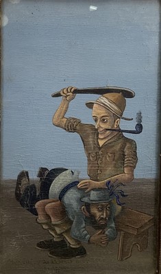 Lot 275 - Unusual oil on board, spanking scene. 34.5cm x 19.5cm, in glazed frame.