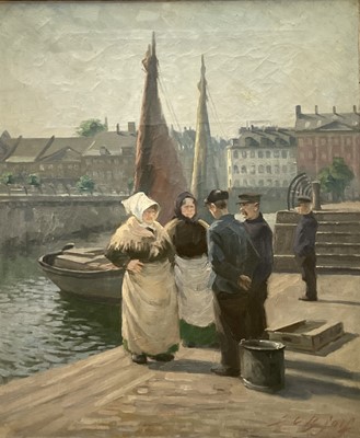 Lot 302 - Scandinavian School, early 20th century, oil on canvas - Fisherfolk in the Harbour, indistinctly signed, 66cm x 55cm, in gilt frame