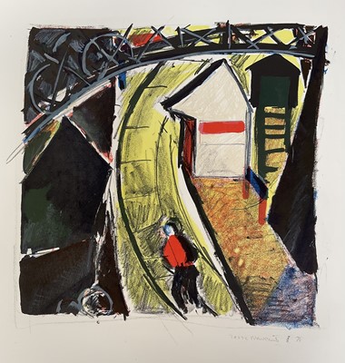 Lot 1201 - *Tessa Newcomb (b.1955) signed lithograph in colours - Figure beneath a Bridge, dated '76, 7/9, unframed 76cm x 51cm