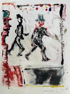 Lot 1195 - *John Kiki (1995) mono print, figures, signed and dated '02, 61cm x 45.5cm, unframed