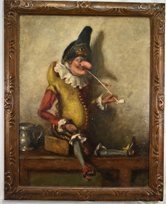 Lot 1431 - Late 19th/early 20th century, oil on board - portrait of Mr Punch smoking a clay pipe, 57cm x 44cm, in gilt frame