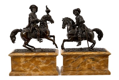Lot 1121 - Bronze figure of Charles I together with another similar of Frances I both on simulated marble bases