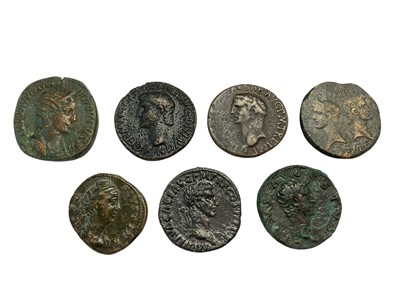 Lot 411 - Ancient - Roman base metal issues to include Augustus and Agrippa 16-12 BC orichalcum Dupondis Obv: Agrippa facing left & Augustus facing right, Rev: Crocodile chained to palm tree F-VG, cop...