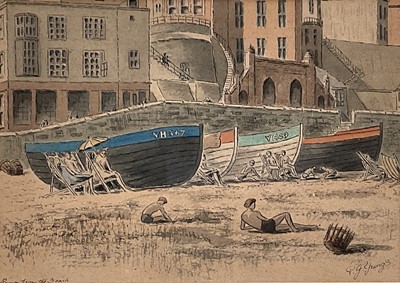 Lot 1073 - Percy Youngs (act. 1947-1964) ink and watercolour - Cromer from the Beach, signed and inscribed, 24cm x 34cm, in glazed gilt frame