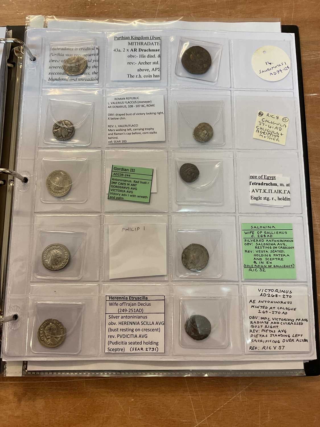 Lot 413 - Ancient - Album containing mixed coins to include Roman Caligula silver Denarius (N.B. Believed to be a copy), silver Antoninianus of Gordian III Philip I, Herennia Etruscilla, silver Argentius...