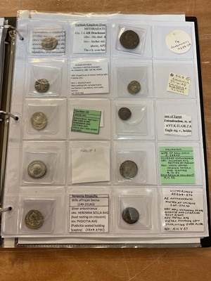 Lot 413 - Ancient - Album containing mixed coins to include Roman Caligula silver Denarius (N.B. Believed to be a copy), silver Antoninianus of Gordian III Philip I, Herennia Etruscilla, silver Argentius...