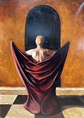 Lot 221 - Large oil on canvas of a woman in robes, inscribed verso dated '97, 150cm x 110cm, framed