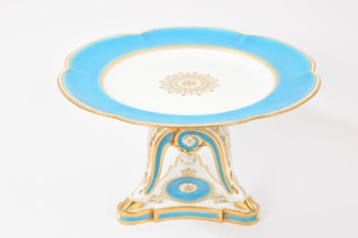 Lot 31 - Victorian Mintons turquoise glazed and gilt tazza, on three hoof feet with acanthus moulding