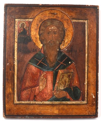 Lot 1048 - 19th century Russian icon, depicting St Antipas of Pergamum, 31 x 26cm