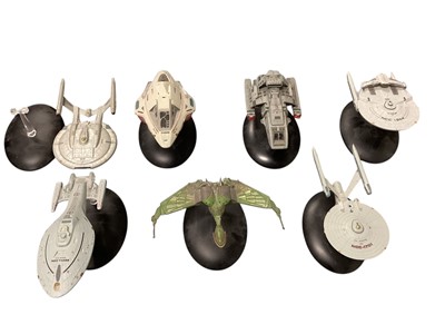 Lot 1862 - Model Cylon Raider, Colonial Raptor & Viper, plus Star Trek spaceships, with stands (10)