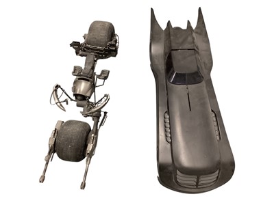 Lot 1864 - Larger scale model Batmobile, Bat Cycle and Batman figure (3)
