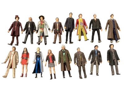 Lot 1869 - Dr Who Time Lord action figures & assistants (x12), 12" Cyberman (x3) and lesser Cyberman (x3), plus Tardis