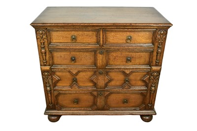 Lot 1601 - Good quality Jacobean style oak chest of two short and three long drawers on bun feet