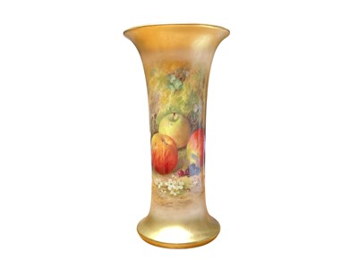Lot 1122 - Royal Worcester porcelain trumpet vase with hand painted fruit decoration, signed.