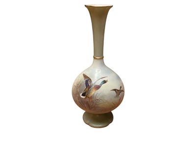 Lot 1123 - Grainger's Worcester porcelain vase with hand painted mallard duck decoration, signed Jas Stinton.