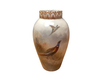 Lot 1124 - Grainger's Worcester porcelain vase with hand painted pheasant decoration, signed Jas Stinton.