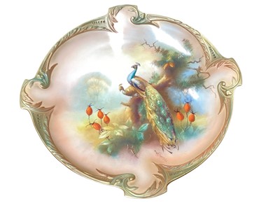Lot 1130 - Royal Worcester porcelain cabinet plate with hand painted peacock decoration, signed W. Powell