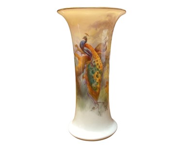 Lot 1126 - Royal Worcester porcelain trumpet vase with hand painted peacock decoration.