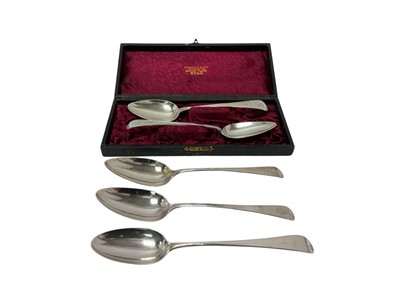 Lot 396 - Pair George III silver table spoons with bright cut decoration and engraved initials