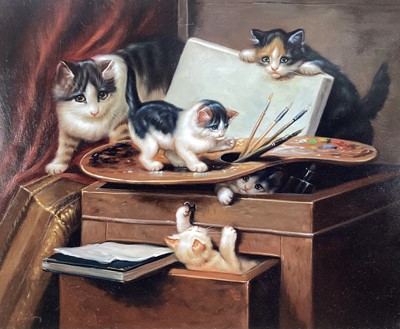 Lot 295 - Victorian-style oil on canvas - kittens playing with artists equipment, 50cm x 61cm, in gilt frame