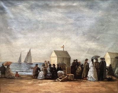 Lot 294 - After Eugene Boudin, oil on canvas - Beach Scene, 61.5cm x 75.5cm, framed