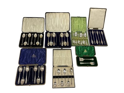 Lot 398 - Five cased sets of silver tea spoons, together with a cased set of silver pickle forks etc