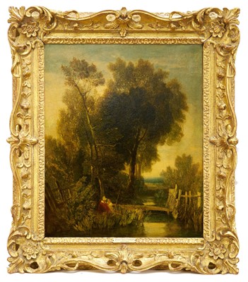 Lot 1320 - John Sell Cotman (1782-1842) oil on canvas - A Stream with Two Boys Fishing, 43.5cm x 35.5cm, exhibition labels verso, in gilt frame.