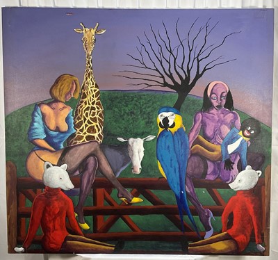 Lot 73 - Eddie Wolfram (b. 1940) oil on canvas- Teddy Bear's Picnic 12 '93, signed and titled verso, 119cm x 129cm, unframed