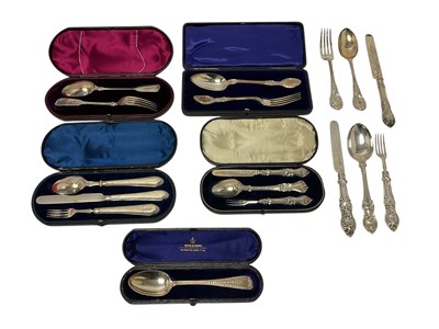 Lot 382 - Collection of 19th/20th century silver christening sets in fitted cases