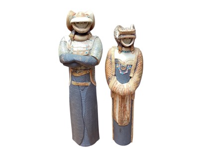 Lot 1117 - A pair of Geoff Cox Studio Pottery figures of Warrior Crusader Ladies', made at the Christine Cox pottery in York, with original leaflet, 43cm and 47cm high (2)