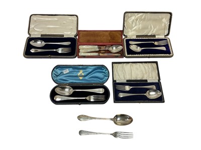 Lot 383 - Collection of five Victorian and later silver christening sets in cases