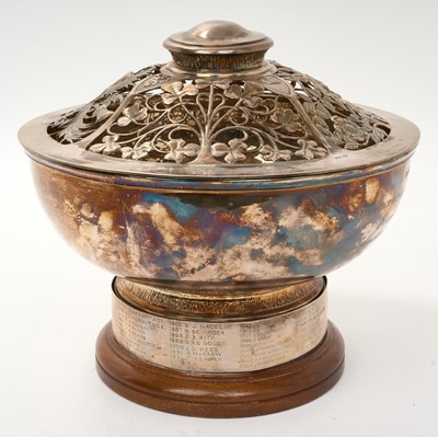Lot 406 - Large contemporary silver lidded trophy dish of circular form, with engraved inscription