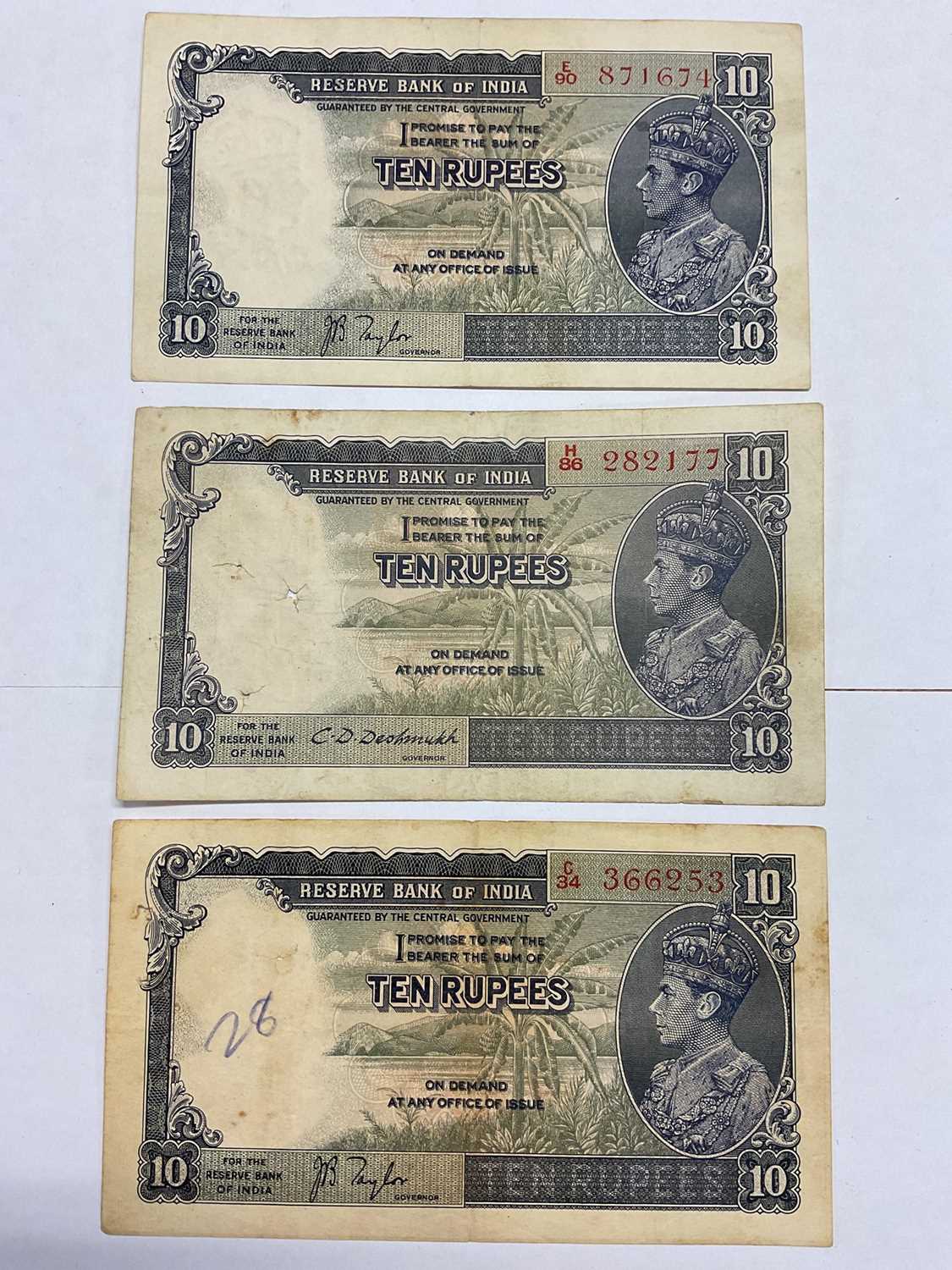 Lot 416 - India - British Raj Reserve Bank of India George VI 10 Rupee banknotes to include J.B. Taylor 1937 issue blue-violet & olive x 2 notes, one GVF the other (N.B. Obv: Pen marked & holes) o...
