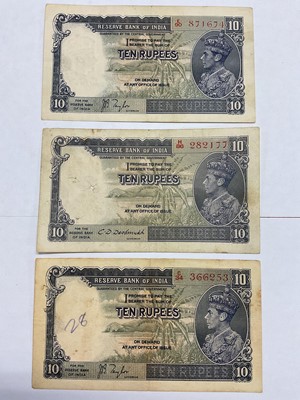 Lot 521 - India - British Raj Reserve Bank of India George VI 10 Rupee banknotes to include J.B. Taylor 1937 issue blue-violet & olive x 2 notes, one GVF the other (N.B. Obv: Pen marked & holes) o...