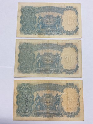 Lot 416 - India - British Raj Reserve Bank of India George VI 10 Rupee banknotes to include J.B. Taylor 1937 issue blue-violet & olive x 2 notes, one GVF the other (N.B. Obv: Pen marked & holes) o...