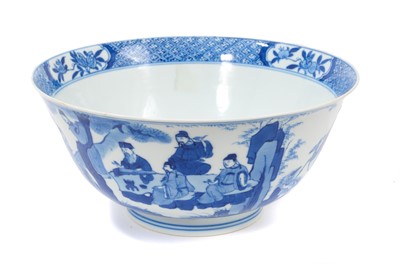 Lot 125 - A Chinese blue and white porcelain bowl, six-character Chenghua mark to base but dating from Kangxi period, painted with a continuous figural scene, the inside border painted with panels of frui...