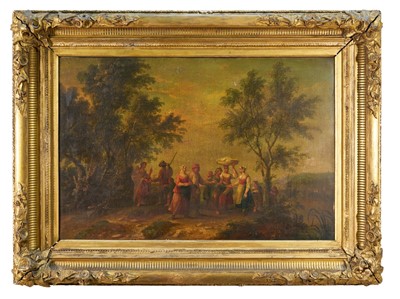 Lot 1416 - Attributed to Pietro Fabris (1756-1792) oil on canvas - River landscape with rustic figures by trees in the foreground, 43cm x 64cm, in gilt frame