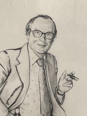 Lot 19 - Richard Stone and Eric Morecambe signed and autographed lithograph - Pencil sketch for Portrait of Eric Morecambe, 44.5cm x 34.5cm, in glazed frame