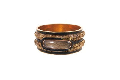 Lot 507 - George III gold and enamel mourning ring, the wide band with glazed compartment of hair on a double row of foliate gold bands with black enamel borders, inscribed "James Hodgson ob. 23rd April 1...