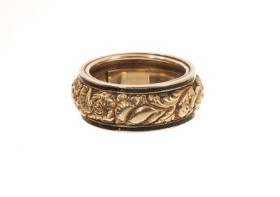 Lot 509 - George IV gold and enamel mourning ring, the wide gold band with a foliate design flanked by black enamel borders, inscribed "Clementine Elphinstone, died 6 of Augt. 1821", ring size approximate...