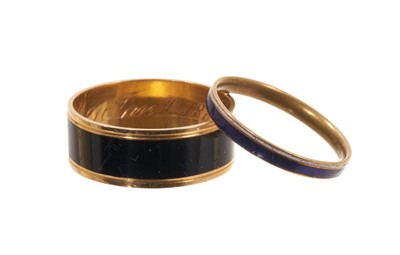 Lot 511 - Two George III mourning rings, one with a plain black enamel band and inscribed "Hu: Robertson, obt. 21 Jany. 1800" ring size approximately N½-O, together with a George III blue and white enamel...