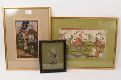 Lot 1105 - Indo-Persian school, gouache, Hunters, 25 x 14cm, glazed frame, and two other Indo-Persian paintings. (3)