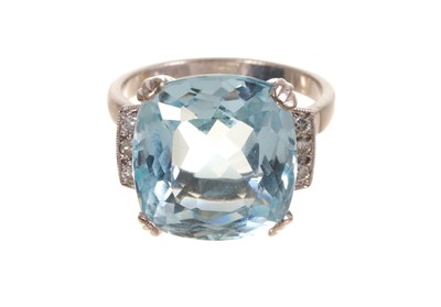 Lot 683 - Aquamarine and diamond ring with a fancy cushion cut aquamarine and diamond set shoulders on 18ct white gold shank