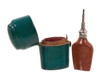 Lot 549 - Unusual Georgian novelty propelling pencil in the form of a scent flask, the wooden body with white metal mounts, in original velvet lined shagreen case, 45mm.
